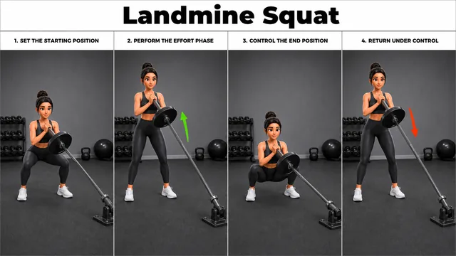 Landmine Squat exercise image showing key movement positions with landmine barbell