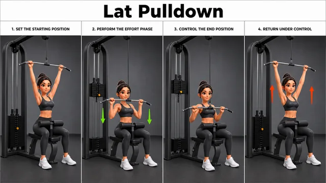 Lat Pulldown exercise guide showing 3 movement steps using lat pulldown machine and wide bar