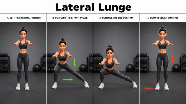 Lateral Lunge exercise guide showing 4 movement steps