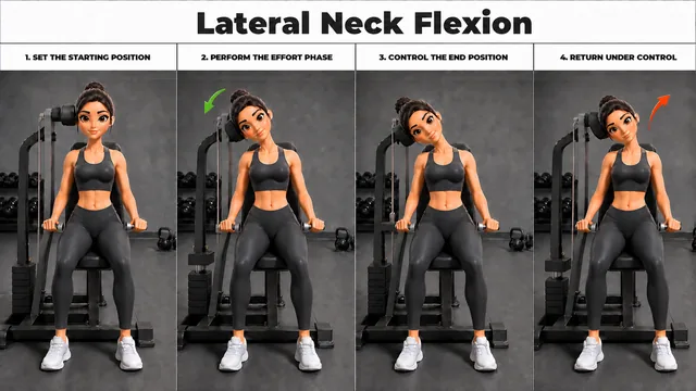 Lateral Neck Flexion exercise guide showing 4 movement steps using neck harness or bench