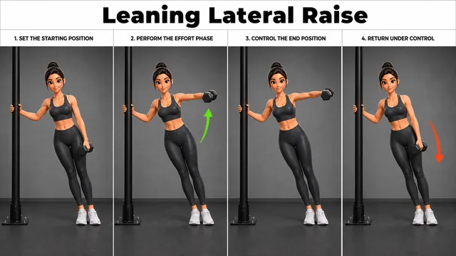 Leaning Lateral Raise exercise guide showing 6 movement steps using fixed post and single dumbbell