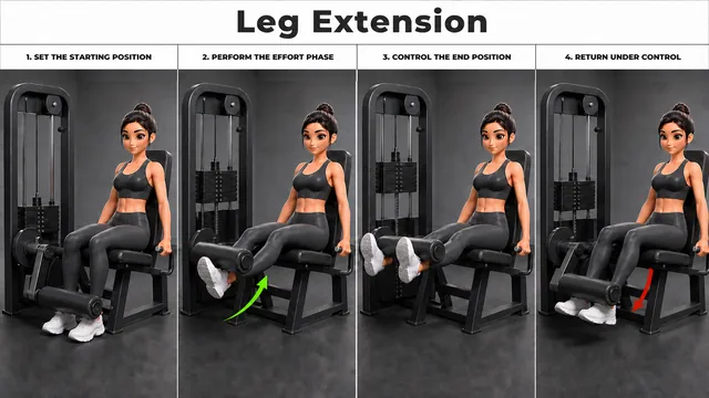Leg Extension exercise guide showing 4 movement steps using leg extension machine
