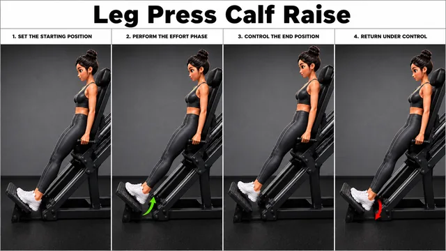 Leg Press Calf Raise exercise guide showing 4 movement steps using leg press machine