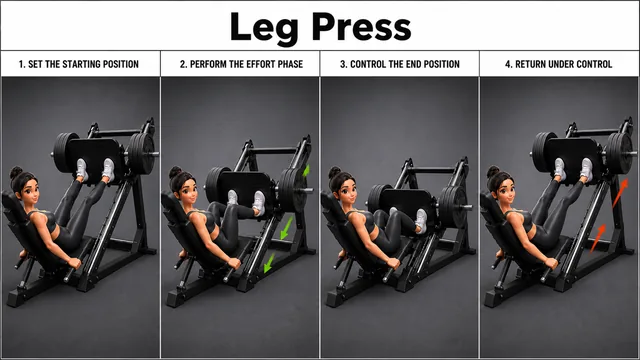 Leg Press exercise guide showing 4 movement steps using leg press machine