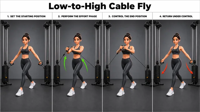 Low-to-High Cable Fly exercise guide showing 3 movement steps using dual cable machine and D-handles