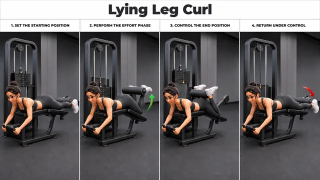 Lying Leg Curl exercise guide showing 4 movement steps using lying leg curl machine