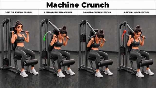 Machine Crunch exercise guide showing 4 movement steps using ab crunch machine
