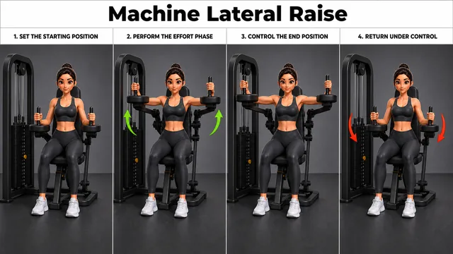 Machine Lateral Raise exercise guide showing 3 movement steps using lateral raise machine