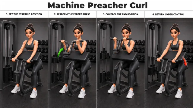 Machine Preacher Curl exercise guide showing 4 movement steps using preacher curl machine