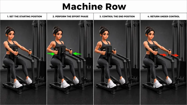 Machine Row exercise guide showing 3 movement steps using row machine