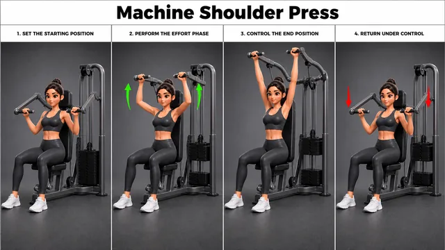 Machine Shoulder Press exercise guide showing 3 movement steps using shoulder press machine