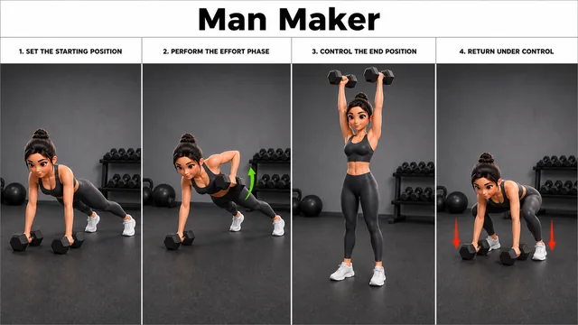 Man Maker exercise guide showing 5 movement steps using dumbbell pair