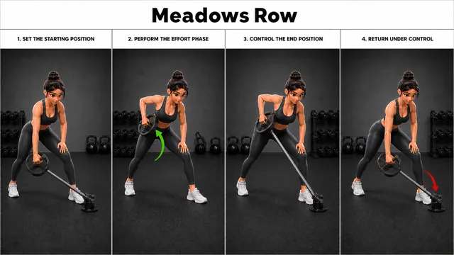 Meadows Row exercise guide showing 5 movement steps using landmine barbell