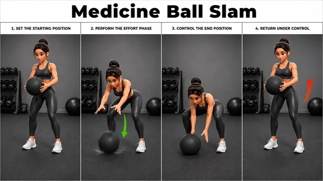 Medicine Ball Slam exercise image showing key movement positions with medicine ball