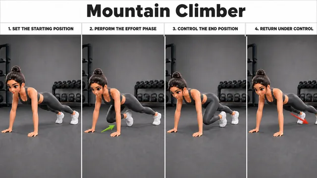 Mountain Climber exercise guide showing 4 movement steps