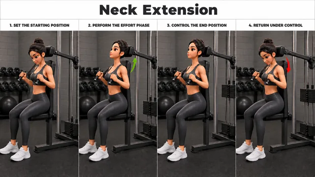 Neck Extension exercise guide showing 4 movement steps using neck harness or bench