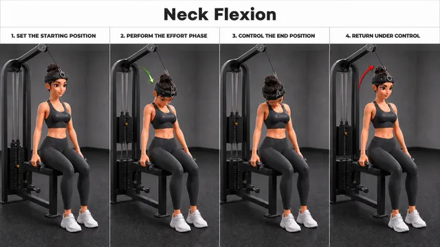 Neck Flexion exercise guide showing 4 movement steps using neck harness or bench
