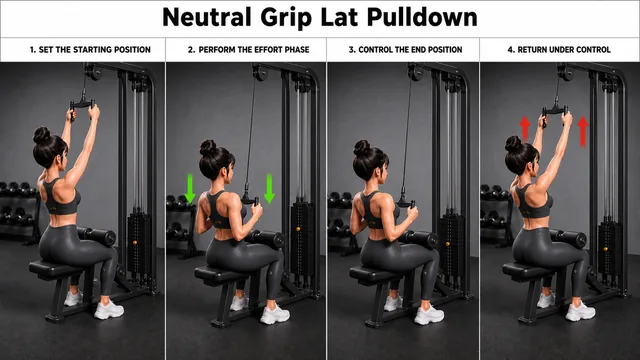 Neutral Grip Lat Pulldown exercise guide showing 3 movement steps using lat pulldown machine and neutral-grip attachment