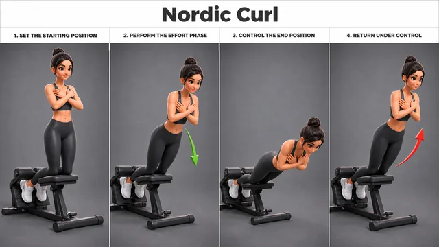 Nordic Curl exercise guide showing 4 movement steps using Nordic bench