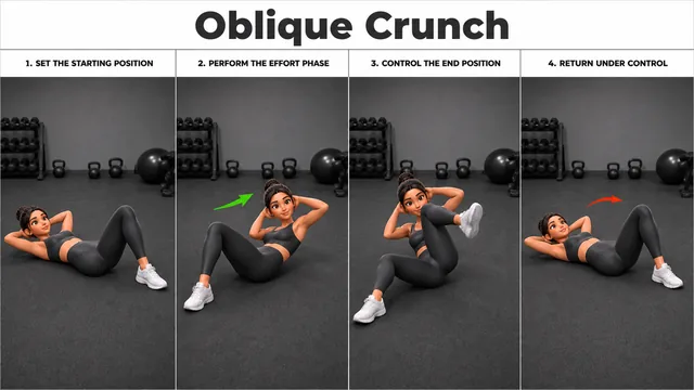Oblique Crunch exercise image showing key movement positions