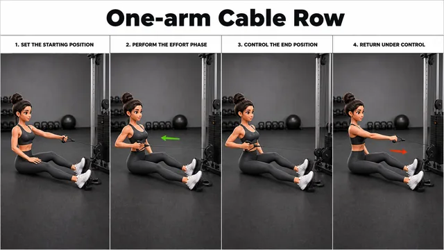 One-arm Cable Row exercise image showing key movement positions with low cable station