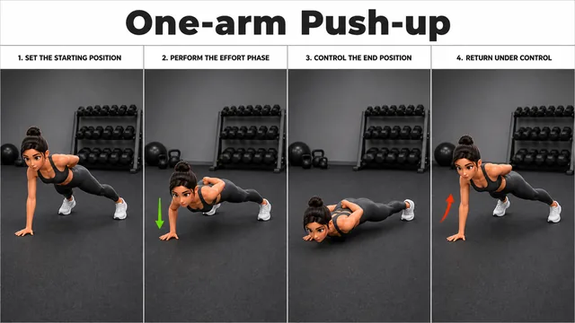 One-arm Push-up exercise image showing key movement positions
