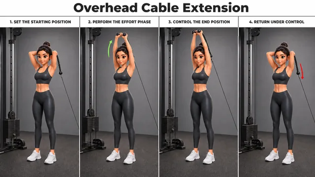 Overhead Cable Extension exercise guide showing 4 movement steps using cable station