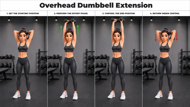 Overhead Dumbbell Extension exercise guide showing 4 movement steps using dumbbell pair