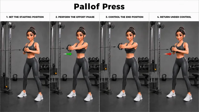 Pallof Press exercise guide showing 4 movement steps using cable station