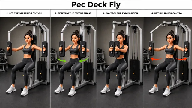 Pec Deck Fly exercise guide showing 3 movement steps using pec deck machine