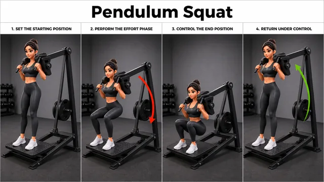 Pendulum Squat exercise guide showing 4 movement steps using pendulum squat machine