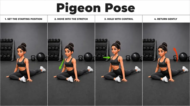 Pigeon Pose exercise image showing key movement positions