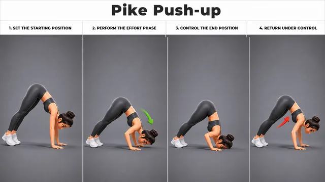 Pike Push-up exercise guide showing 4 movement steps