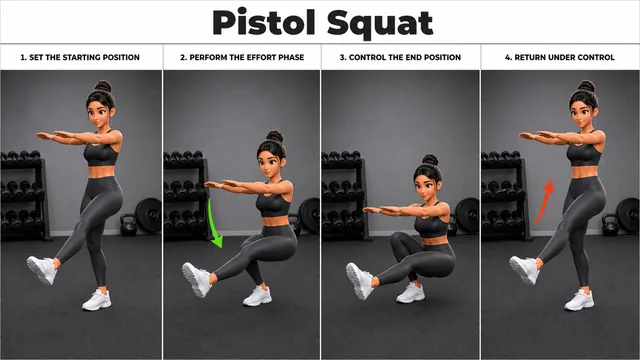 Pistol Squat exercise image showing key movement positions