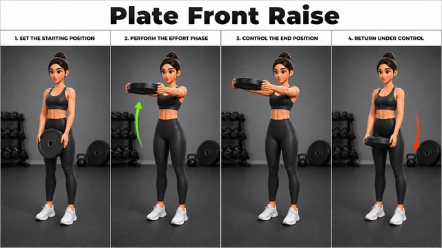 Plate Front Raise exercise image showing key movement positions with weight plate