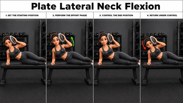 Plate Lateral Neck Flexion exercise guide showing 4 movement steps using neck harness or bench