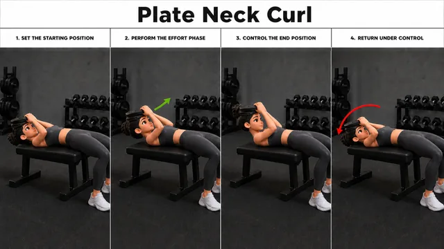 Plate Neck Curl exercise guide showing 4 movement steps using weight plate