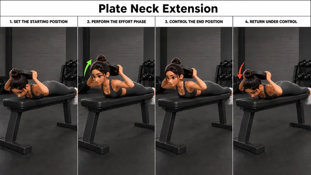 Plate Neck Extension exercise guide showing 4 movement steps using weight plate