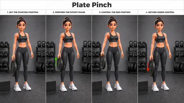 Plate Pinch exercise guide showing 4 movement steps using weight plate