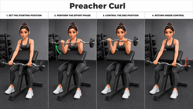 Preacher Curl exercise guide showing 4 movement steps using preacher bench and EZ curl bar