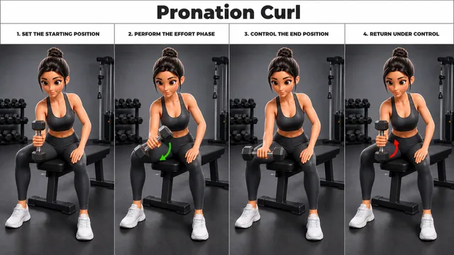 Pronation Curl exercise guide showing 4 movement steps using dumbbell