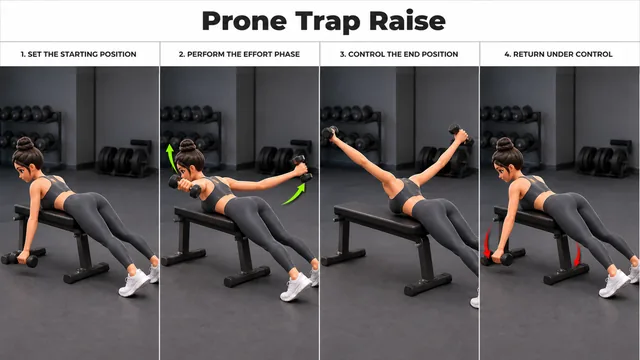Prone Trap Raise exercise guide showing 4 movement steps using flat bench and dumbbell pair
