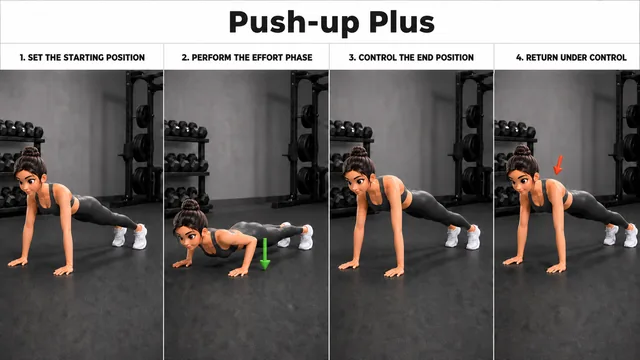 Push-up Plus exercise guide showing 4 movement steps