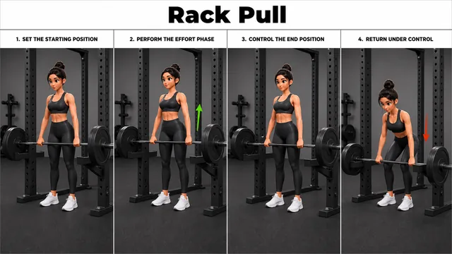 Rack Pull exercise image showing key movement positions with power rack and barbell