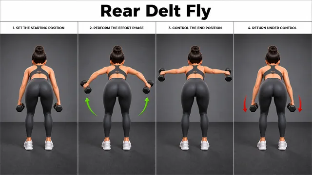 Rear Delt Fly exercise guide showing 3 movement steps using dumbbell pair