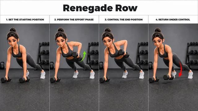 Renegade Row exercise guide showing 4 movement steps using dumbbell pair