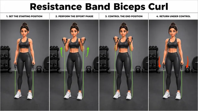Resistance Band Biceps Curl exercise image showing key movement positions with resistance band
