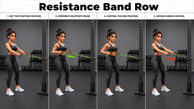 Resistance Band Row exercise image showing key movement positions with resistance band