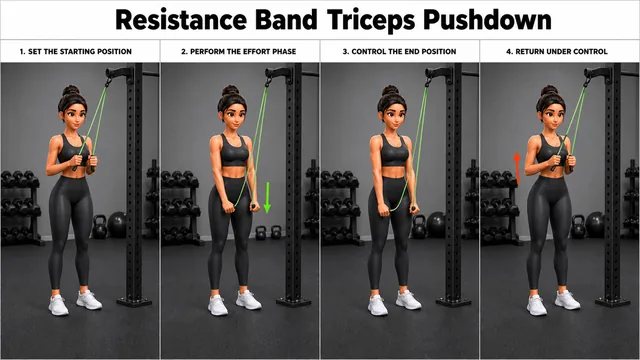 Resistance Band Triceps Pushdown exercise image showing key movement positions with resistance band