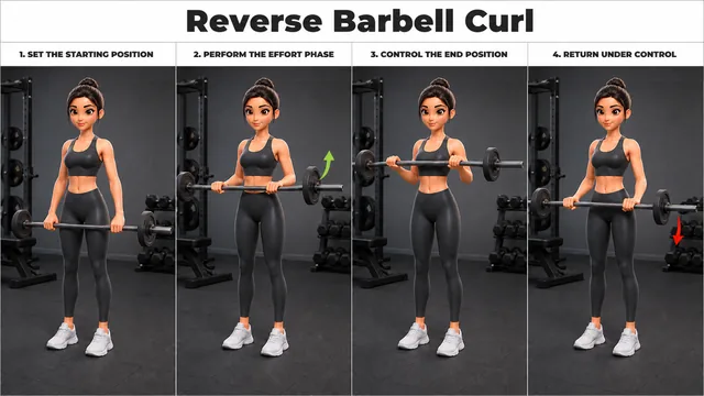 Reverse Barbell Curl exercise guide showing 4 movement steps using barbell